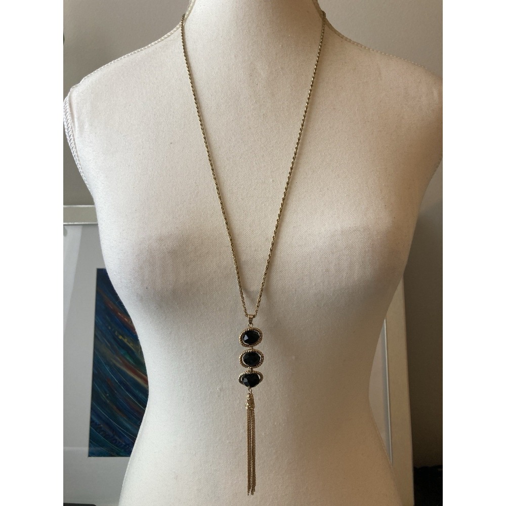 Gold Tone Tassel Necklace Black Faceted Beads Pendant Long Floating Classic